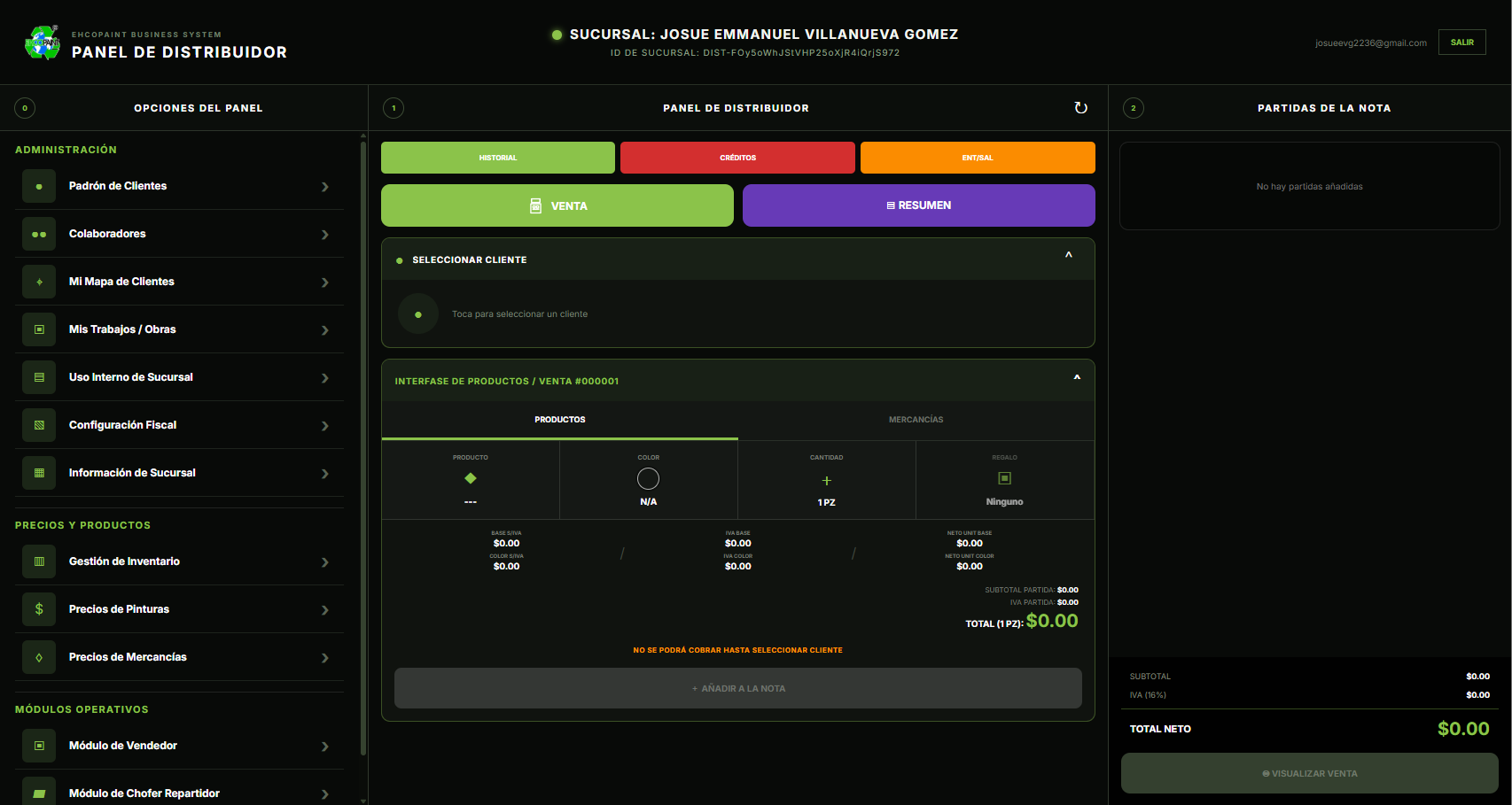 Interfaz web del Panel de Distribuidor EHCOPAINT